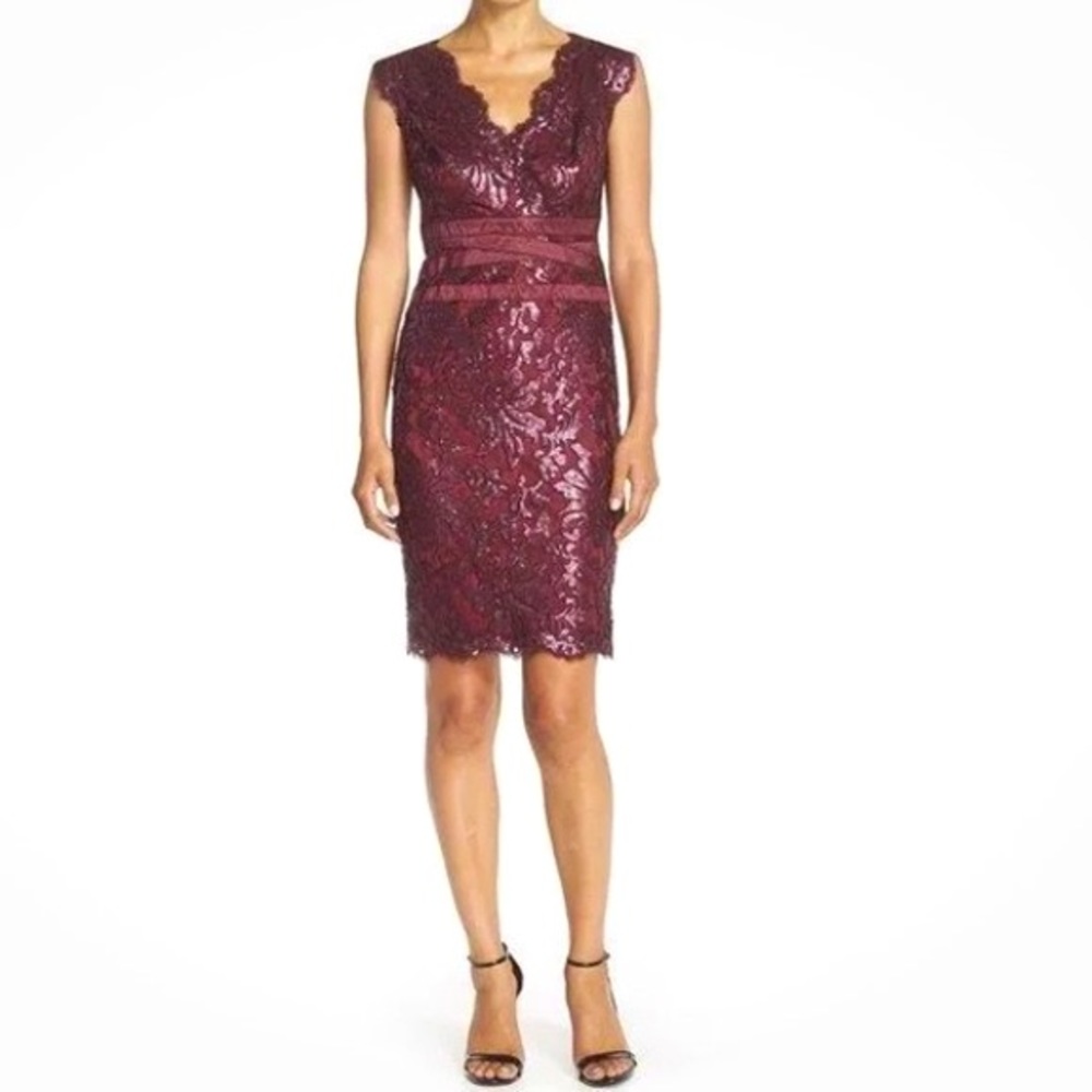 TADASHI SHOJI Marsala Paillette Embroidered Sequin Lace Banded Waist Dress - 12